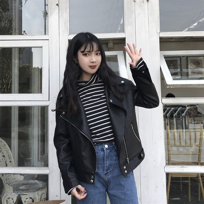 皮衣女短款外套春秋2021新款韩版百搭机车学生宽松皮夹克bf学院风,女装/女士精品,短外套,淘宝优惠券,粉丝福利购,淘宝优惠卷