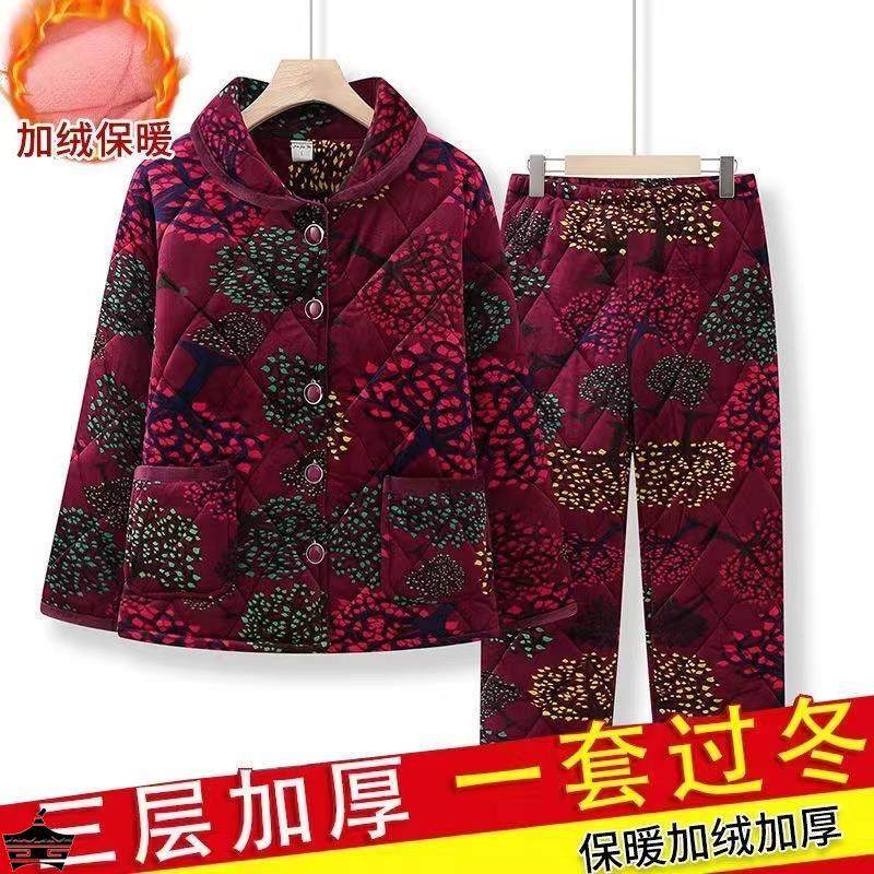 家居服奶奶棉衣棉裤套装中老年妈妈秋冬女老太太老人睡衣加绒加厚