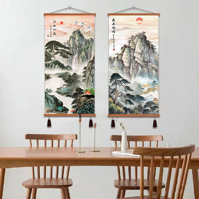 迎客松挂画山水画客厅装饰画过道玄关风景山水入户门正对墙办公室