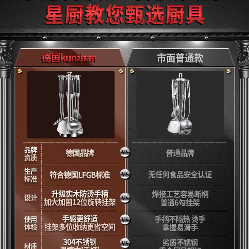 A6L厨房304不锈钢炒菜锅铲厨具全套装挂架漏勺子大号舀汤勺家用煎