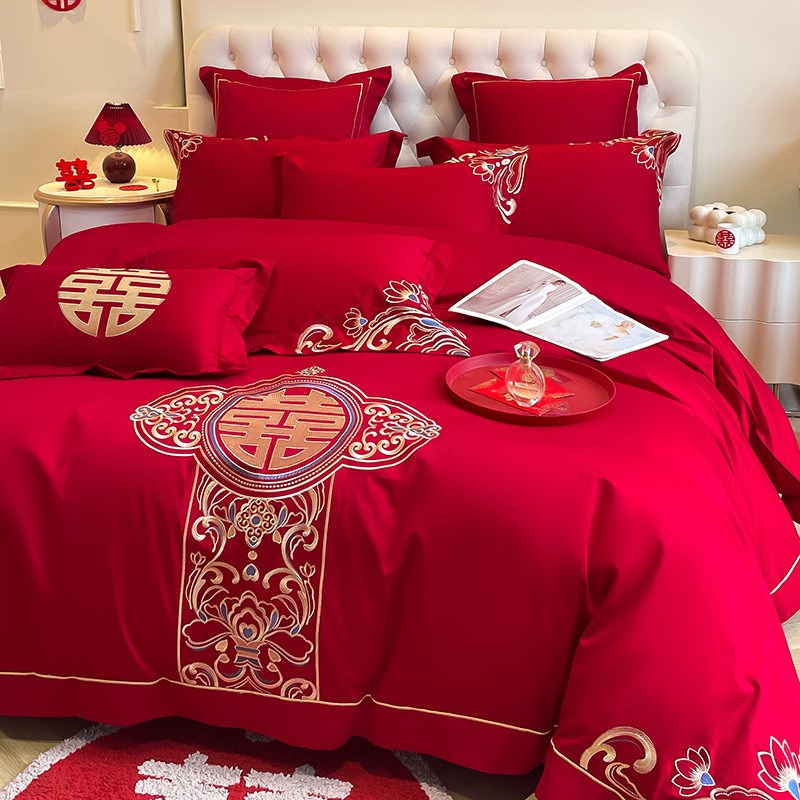 中式龙凤刺绣大红色婚庆四件套新婚陪嫁棉六件床单被套床上用品