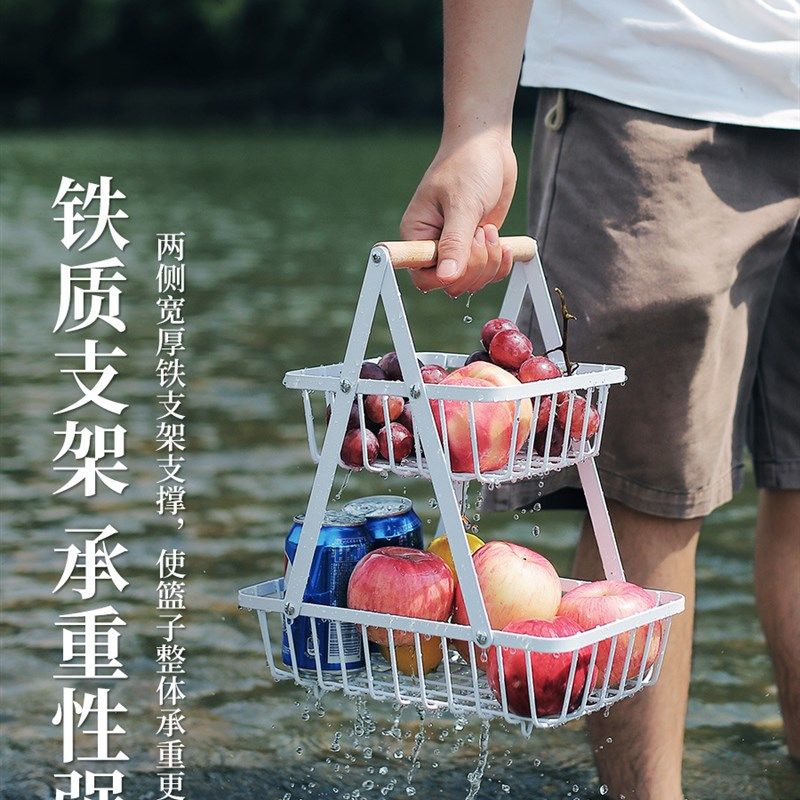 户外双层水果篮可拆卸金属置物架露营手提篮子桌面收纳架沥水篮,运动/瑜伽/健身/球迷用品,其他运动护具,淘宝优惠券,粉丝福利购,淘宝优惠卷