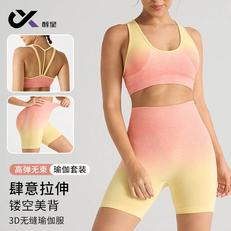 渐变色欧美跨境无缝运动套装女弹速干大码瑜伽服露背瑜伽背心