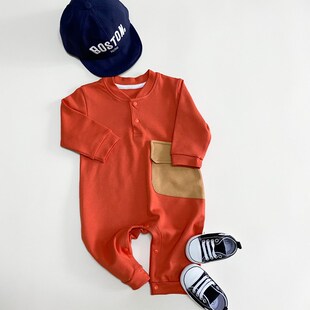 男女宝宝春秋款棉线连体衣卫衣新生婴儿橘红色哈衣爬服洋气外出服