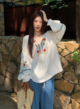 NAZ那子大尺码夏季重工亚麻棉防晒衫胖mm法式覆古绣花泡泡袖上衣