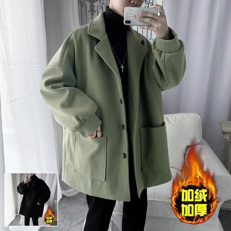 绿色毛呢大衣男士秋冬新款加绒中长款风衣高级感冬装外套保暖大衣