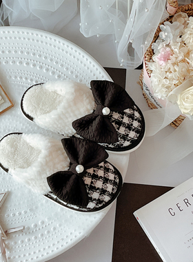 财阀千金黑色复古粗花q呢女士家居棉拖鞋秋冬室内防滑居家鞋女外