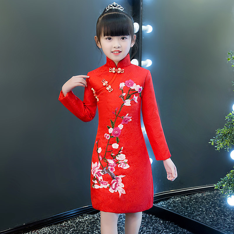 儿童旗袍裙过年冬装小女孩中国风拜年服女童2023新款唐装红色秋季