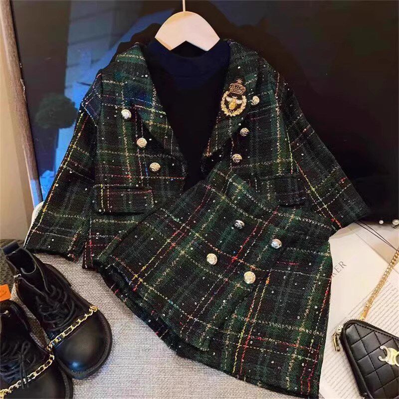 女童高端洋气格子休闲套装2024春秋装新款学院风女孩小西服两件套