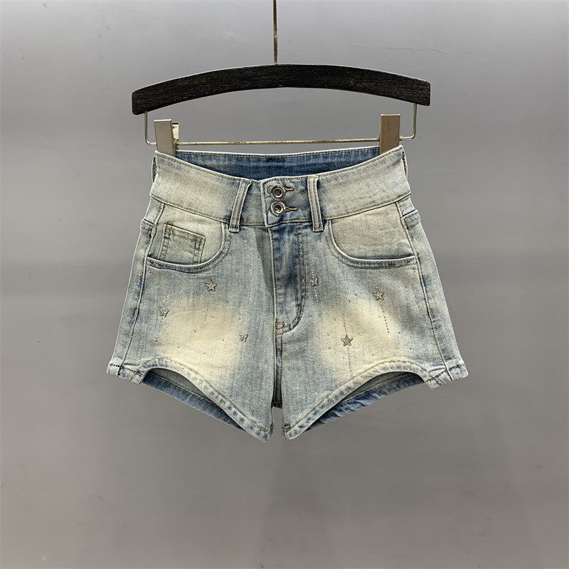 复古浅蓝色烫钻牛仔短裤女夏季2024新款高腰修身显瘦a字辣妹热裤