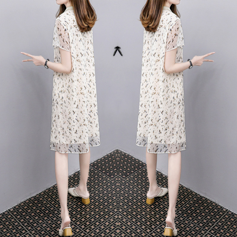 2021夏季新款V领大码时尚女装中长款宽松显瘦雪纺网纱连衣裙女潮