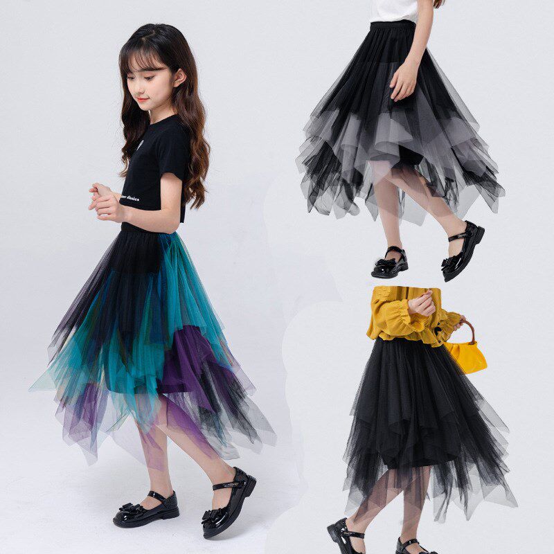 女童夏季网纱半身裙拼色新款小女孩不规则儿童中长款黑色蓬蓬裙子