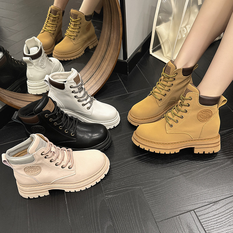 马丁靴女内增高真皮短靴秋季2023新款工装厚底英伦风踢不烂大黄靴