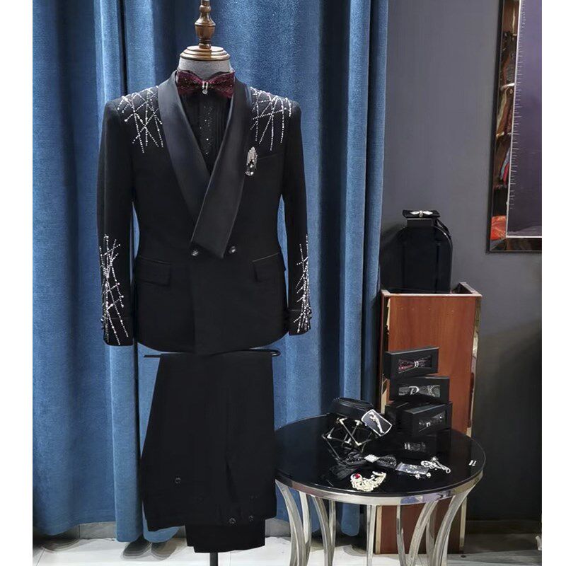 青年男士西服套装主持人舞台演出服修身气质晚宴新结婚西装礼服