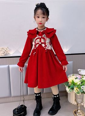 女童秋冬加厚复古洋装加绒假两件显白花边裙子套头洋派女孩公主