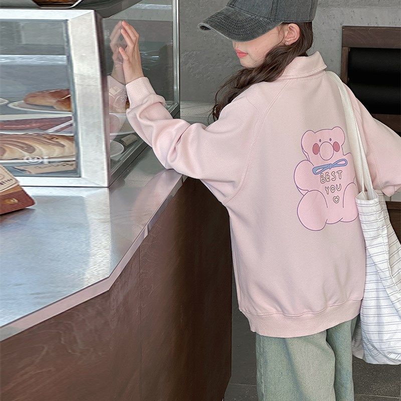 女童粉色卫衣春秋2025新款儿童韩系上衣女大童春装立领衣服初中生