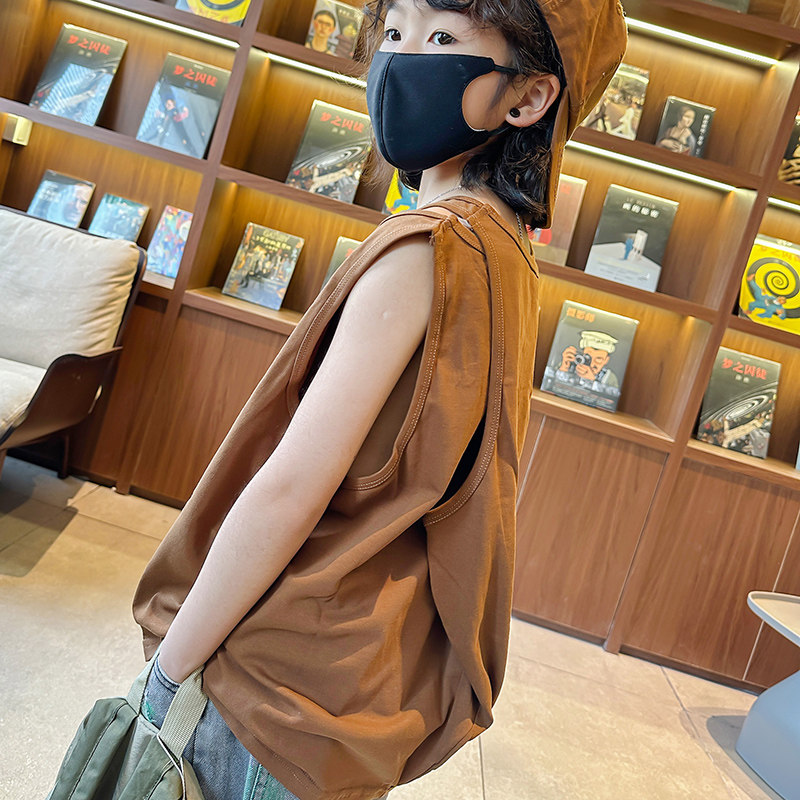 设计款童装夏装2023新品男童纯棉叠穿式背心无袖T恤汗衫上衣咖啡