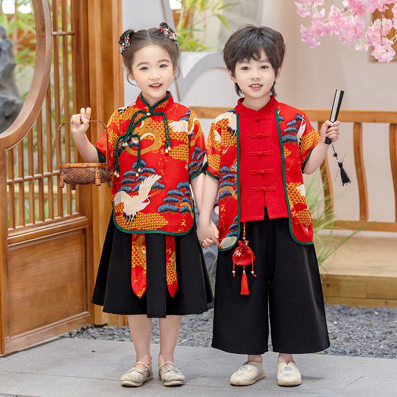 汉服夏款男童中国风古装套装女童民国风唐装幼儿园六一朗诵演出服