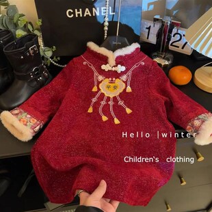 童装女童中国风连衣裙儿童过年衣服冬季红色新年拜年服加绒旗袍裙