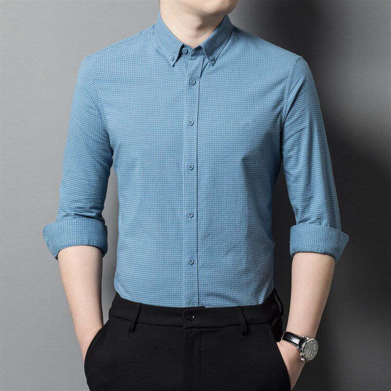 中年男装长袖衬衫男士中老年人爸爸装春装休闲格子衬衣春秋款上衣