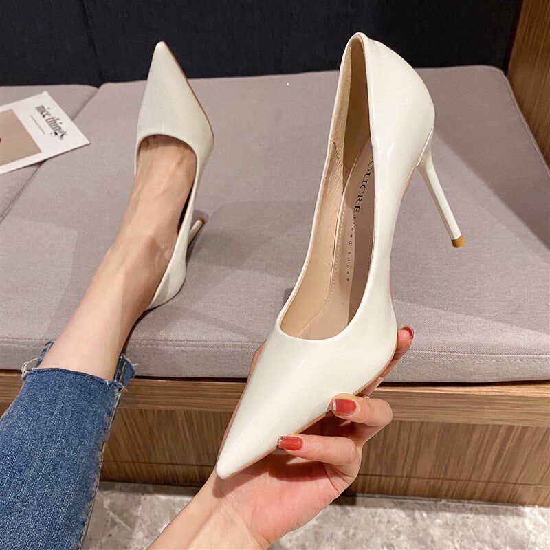 白色高跟鞋2024年新款漆皮尖头单鞋裸色夏季女法式婚鞋细跟小跟鞋