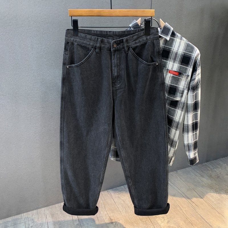 日系潮牌复古水洗烟灰色牛仔裤男士宽松直筒阔腿裤潮流休闲长裤子