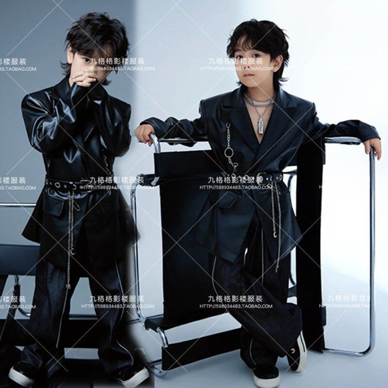 男童舞台走秀比赛机车服皮衣科技风模特培训T台表演儿童演出服装