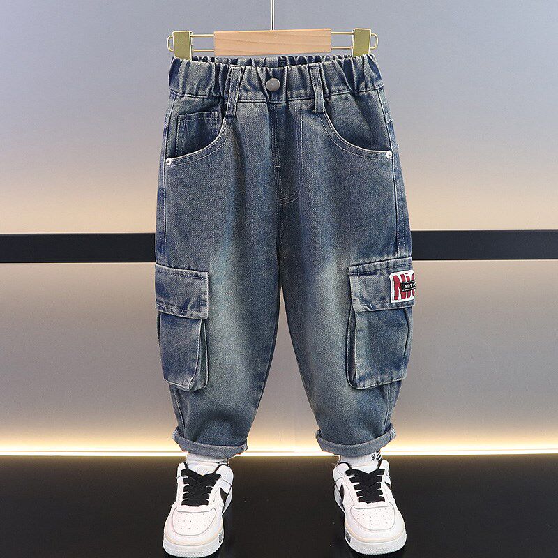 男童牛仔工装裤春秋2024新款儿童帅气时髦直筒小男孩裤子春款潮酷
