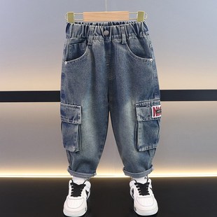 男童牛仔工装裤春秋2024新款儿童帅气时髦直筒小男孩裤子春款潮酷