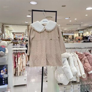 韩国中小童装 冬新款女童宝洋气小翻领可脱卸毛领毛衣连衣裙子