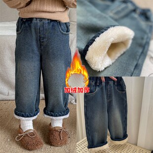 女童加绒牛仔裤冬款加厚蓝色保暖棉裤休闲长裤中小童松紧腰阔腿裤