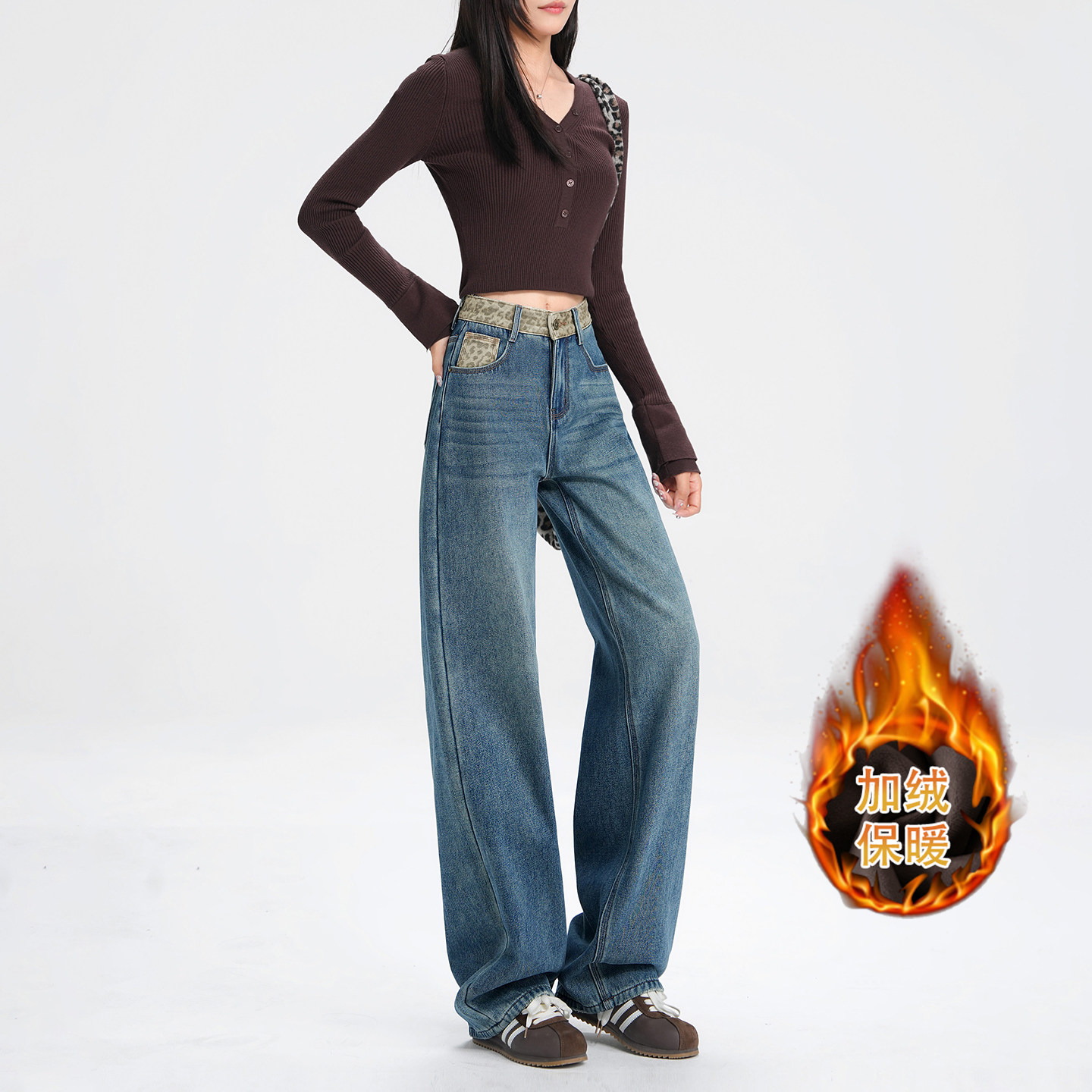 若纤云涧蓝阔腿牛仔裤秋冬加绒