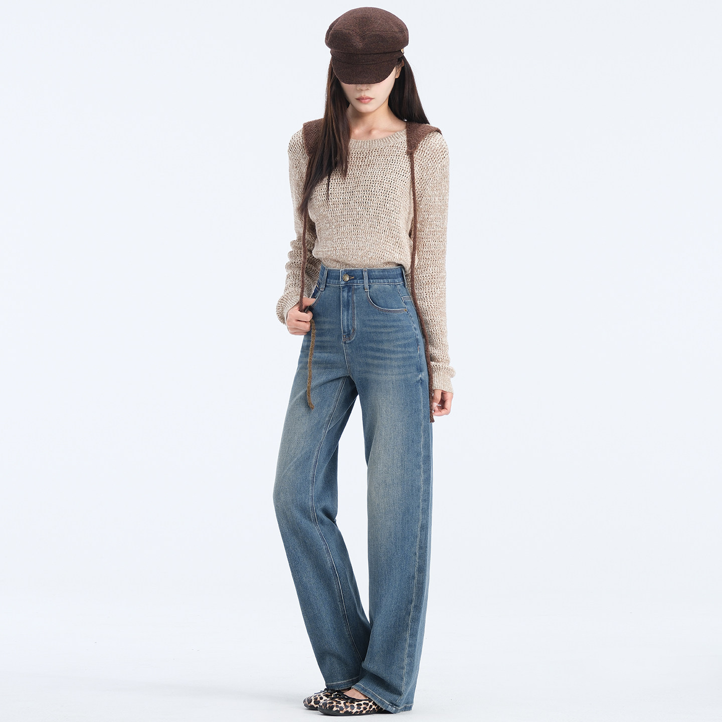 若纤刺绣牛仔裤磨白宽松直筒裤