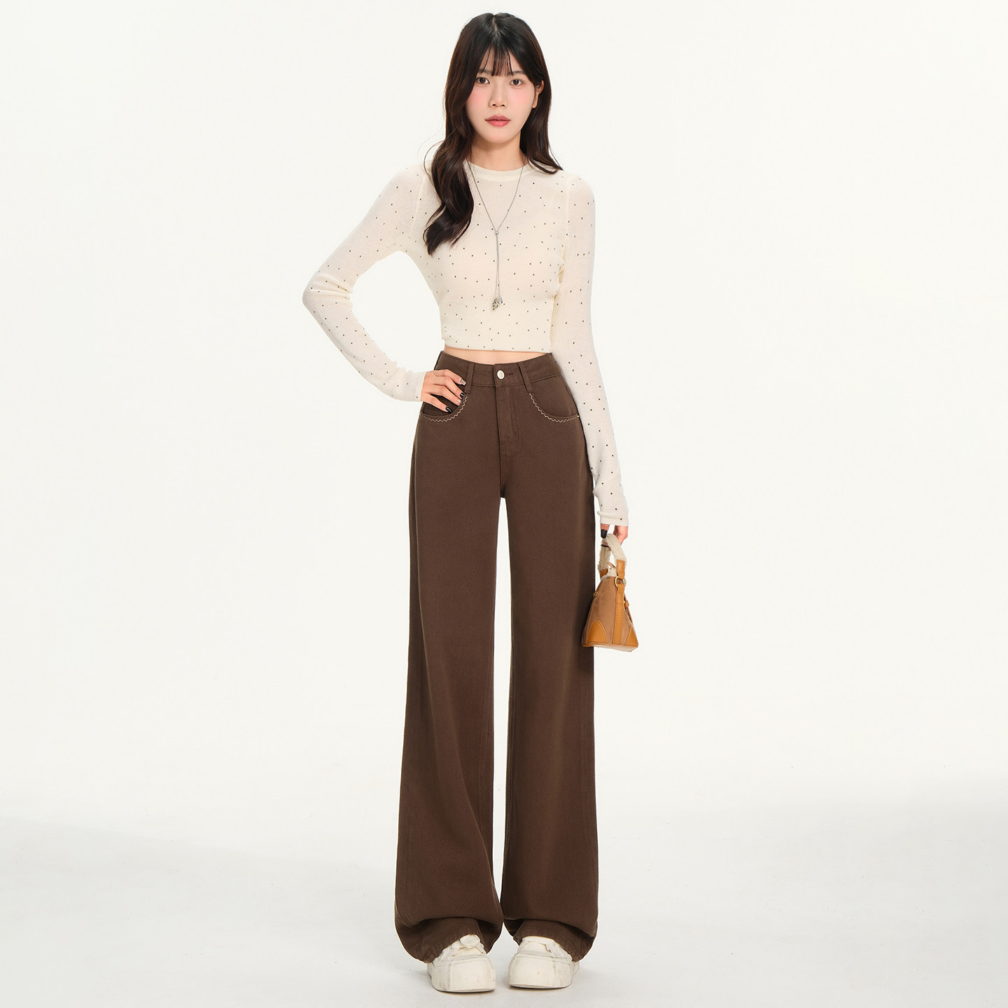 若纤香槟棕绣花牛仔窄版阔腿裤秋