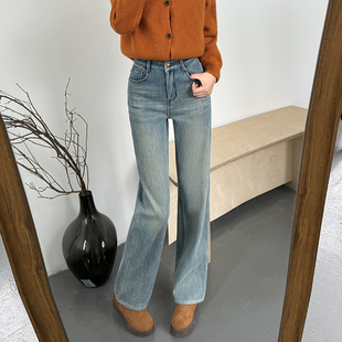 若纤 Pretty Silhouette若纤星光加绒直筒牛仔裤女刺绣高腰休闲裤