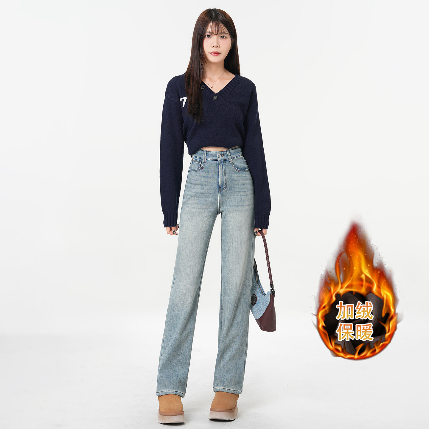 绵芋蓝加绒刺绣磨白直筒牛仔裤