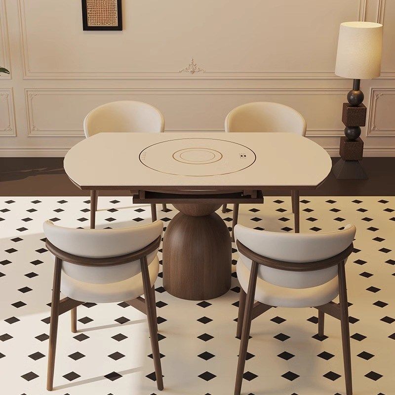 可伸缩实木岩板餐桌方圆两用饭桌家用电磁炉圆桌嵌入式带电动转盘