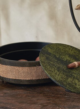 网红侘寂民宿软装设计搭配中古圆形青苔布艺装饰纹收纳储物盒摆件