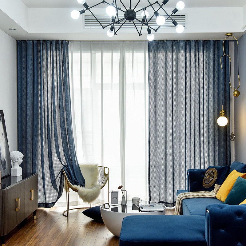 北欧简约高档窗帘窗纱客厅阳台别墅加厚遮光经编棱形纱帘成品定制