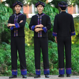 24新款黑色f壮族服装男传统民族服饰儿童民族服舞蹈舞台表演服