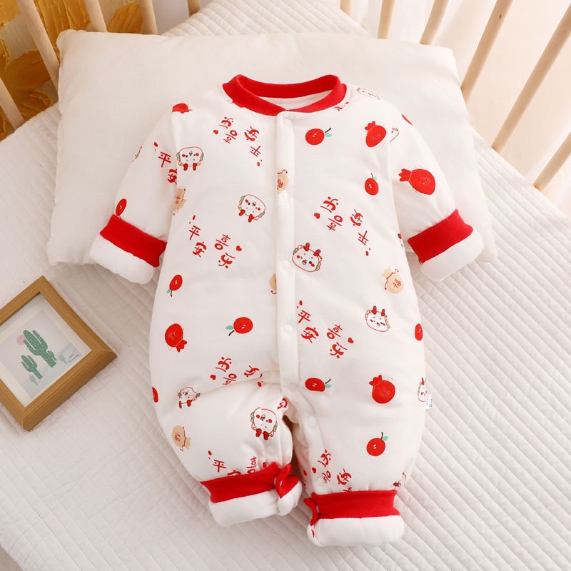 新生儿冬季婴儿连体棉袄12u0g加厚夹棉棉服0-12个月宝宝卡通棉衣
