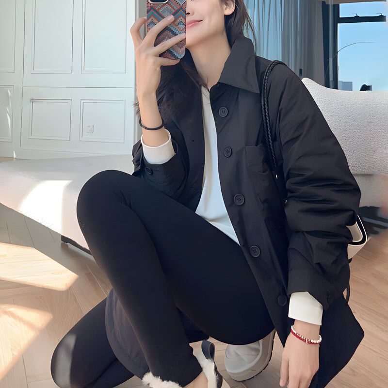 黑色羽绒衬衫 黑桃夹子鹅绒服 y高密记忆BF极简廓形长袖衬衫轻羽