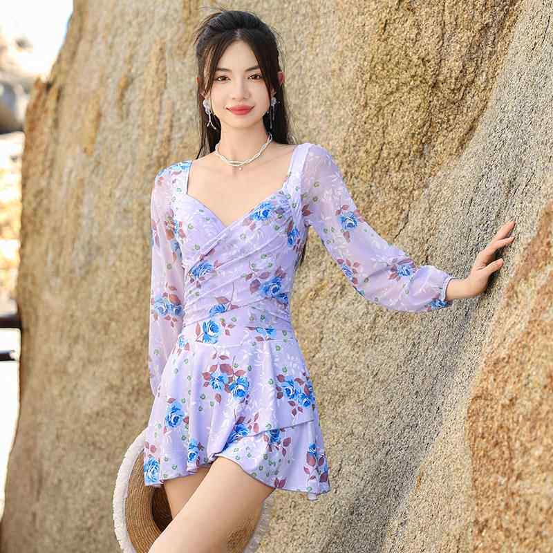 女泳衣成人微胖遮肉2025新款连体游长袖海边度O假海岛裙式保0829b
