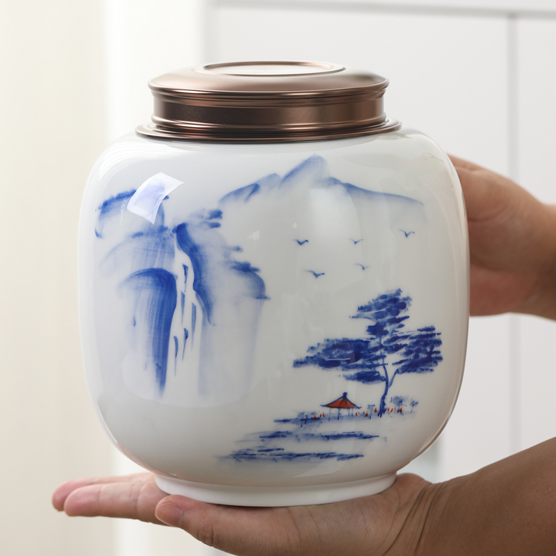 手绘白瓷茶叶罐陶瓷密封罐防潮罐釉下彩大小号家用存茶罐红茶绿茶