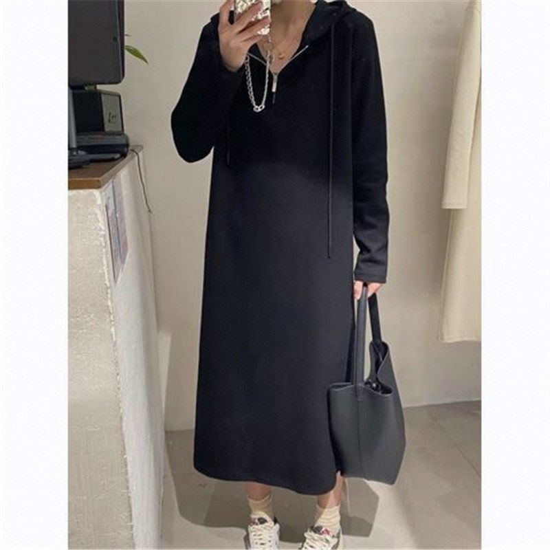 卫衣连衣裙春秋女装薄款过膝长袖连帽慵懒风2024新款韩版宽松长款