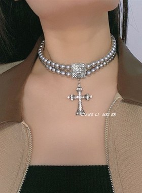 双层灰色珍珠项链男女潮镶钻十字架复古珍珠链情侣小众女锁骨链