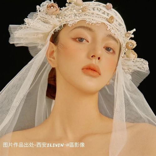 新款法式复古民国风手工花朵头纱蕾丝新娘浪漫婚纱影楼拍照道具