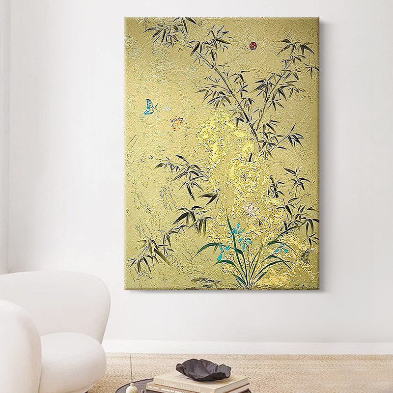 抽象金色竹子手绘油画轻奢立体肌理客厅装饰画新中式花鸟玄关挂画