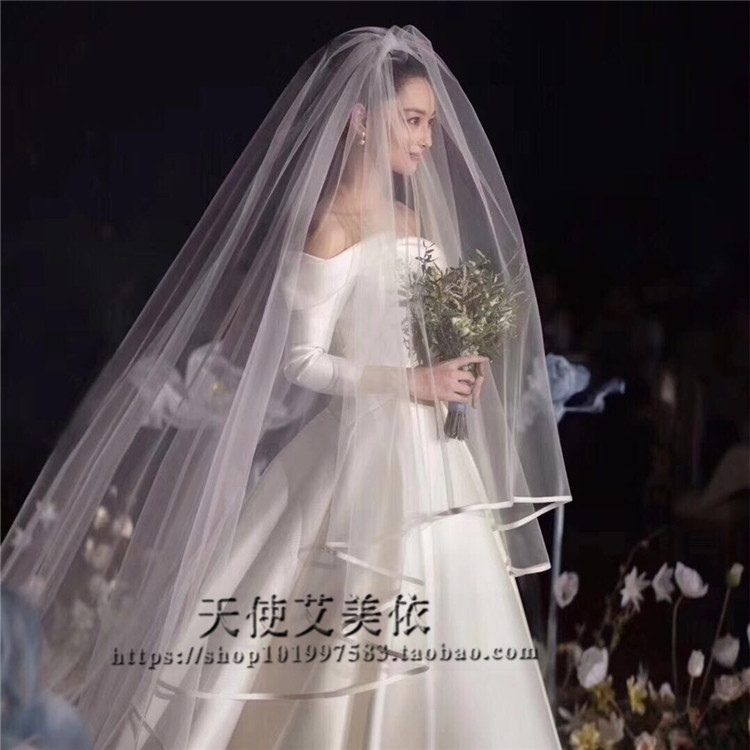 头纱 结婚配饰蓬蓬新娘头纱简约缎布包边双层有发梳长款拖尾头纱