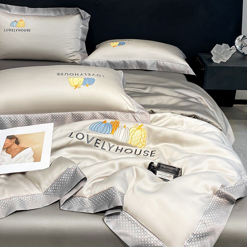 夏季冰丝夏凉被四件套床笠款南瓜刺绣可机洗双人空调被子薄款被芯